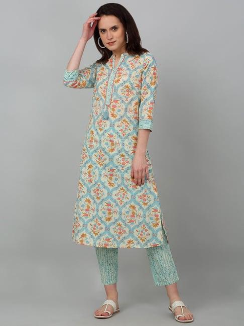 cantabil off white & blue cotton floral print kurta with pants