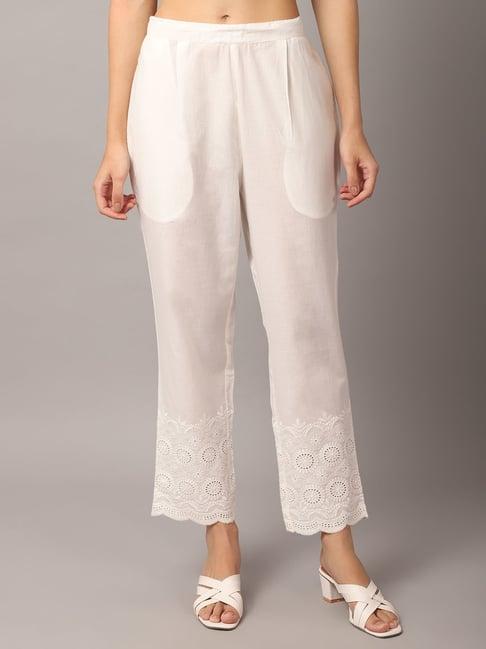 cantabil off white cotton embroidered regular fit pants