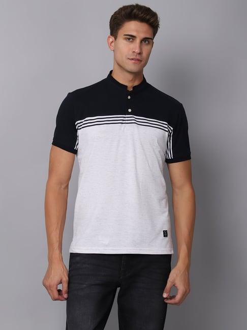 cantabil off white cotton regular fit striped t-shirt