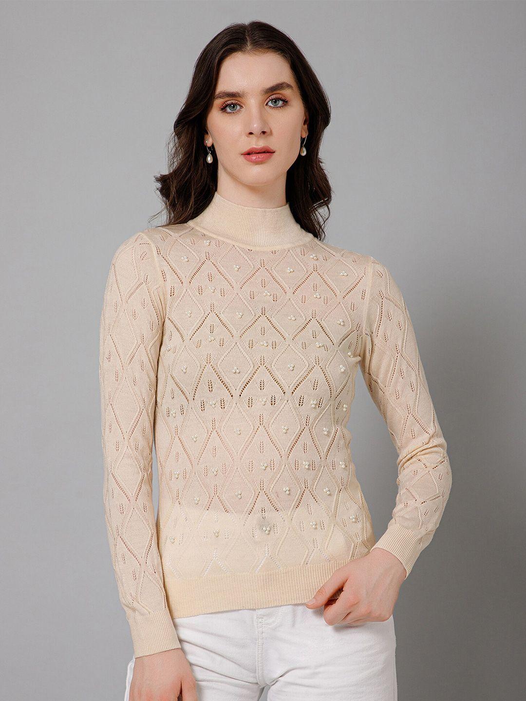 cantabil open knit self design high neck embellished detailed acrylic pullover