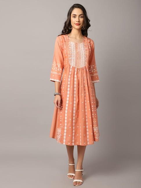 cantabil peach cotton embroidered a line dress