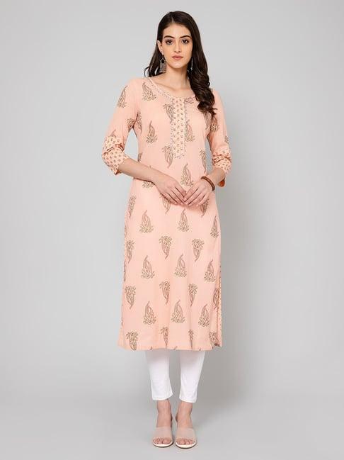 cantabil peach printed straight kurta