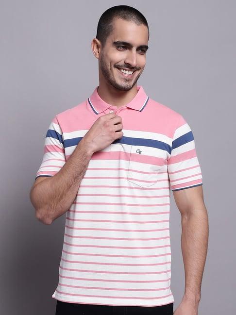 cantabil pink regular fit striped polo t-shirt