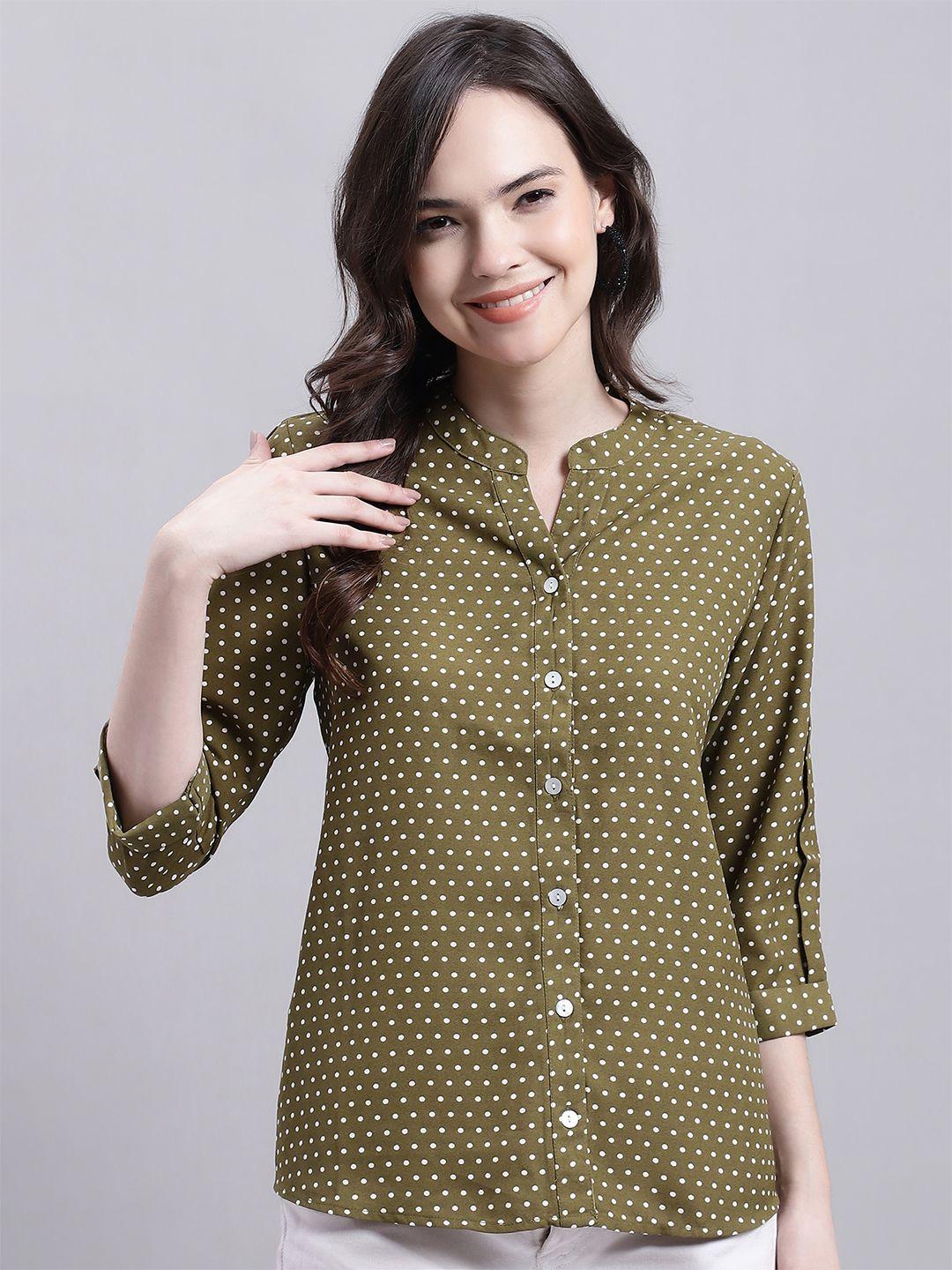 cantabil polka dot print mandarin collar roll-up sleeves shirt style top