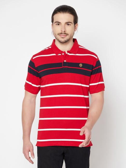 cantabil red cotton regular fit striped polo t-shirt