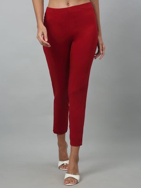 cantabil red cotton straight fit pants