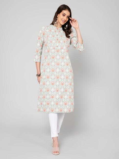 cantabil sage green cotton printed straight kurta