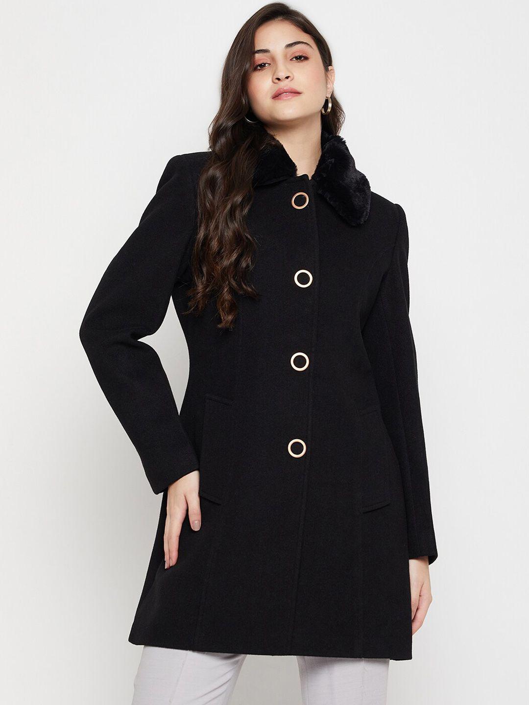 cantabil single-breasted spread collar faux fur trim long overcoat