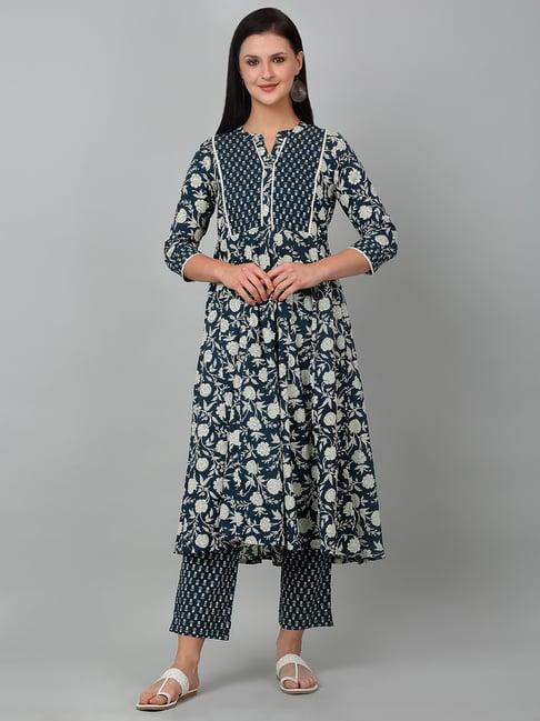 cantabil teal & white cotton floral print kurta with pants