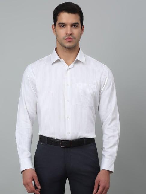 cantabil white cotton regular fit striped shirt