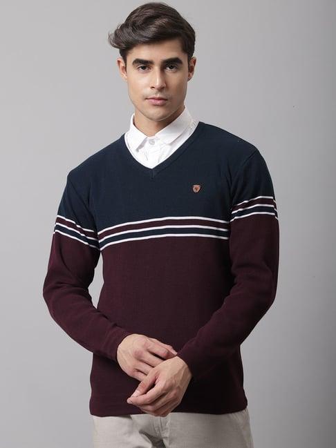 cantabil wine & navy regular fit striped sweater