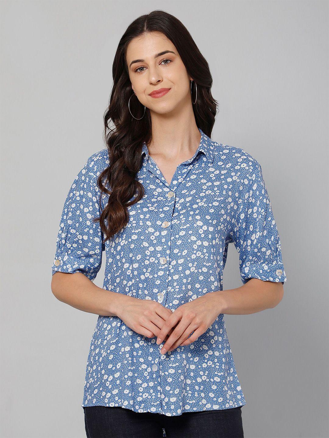 cantabil women blue & white floral print shirt style top