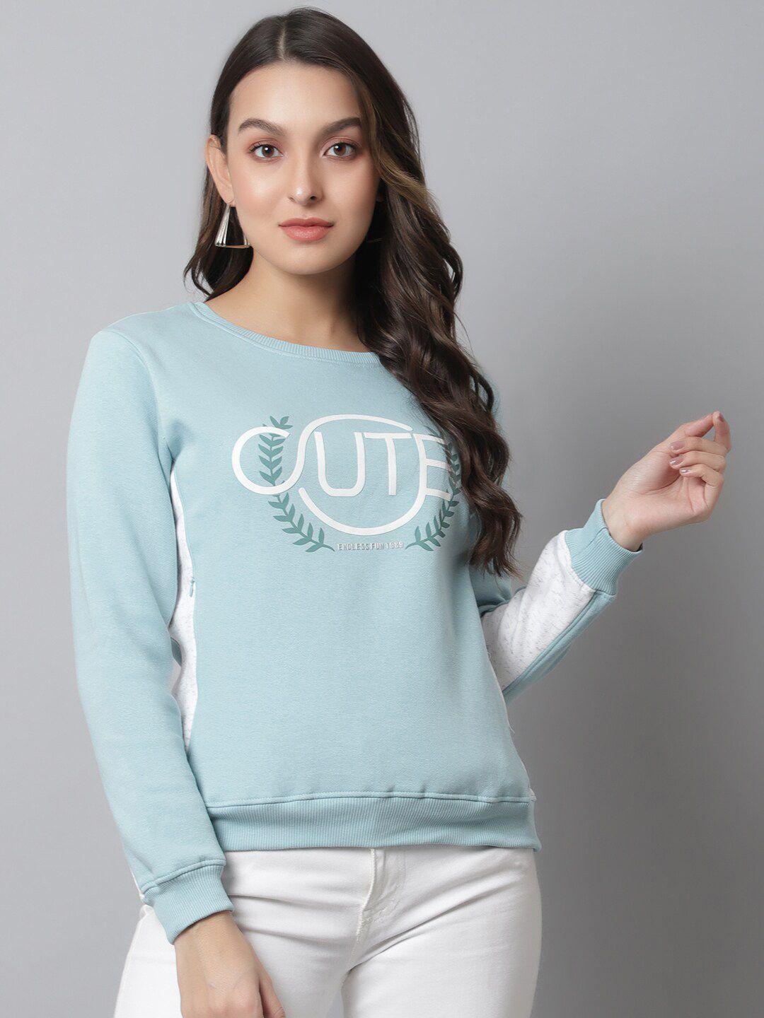 cantabil women blue printed fleece sweatshirt