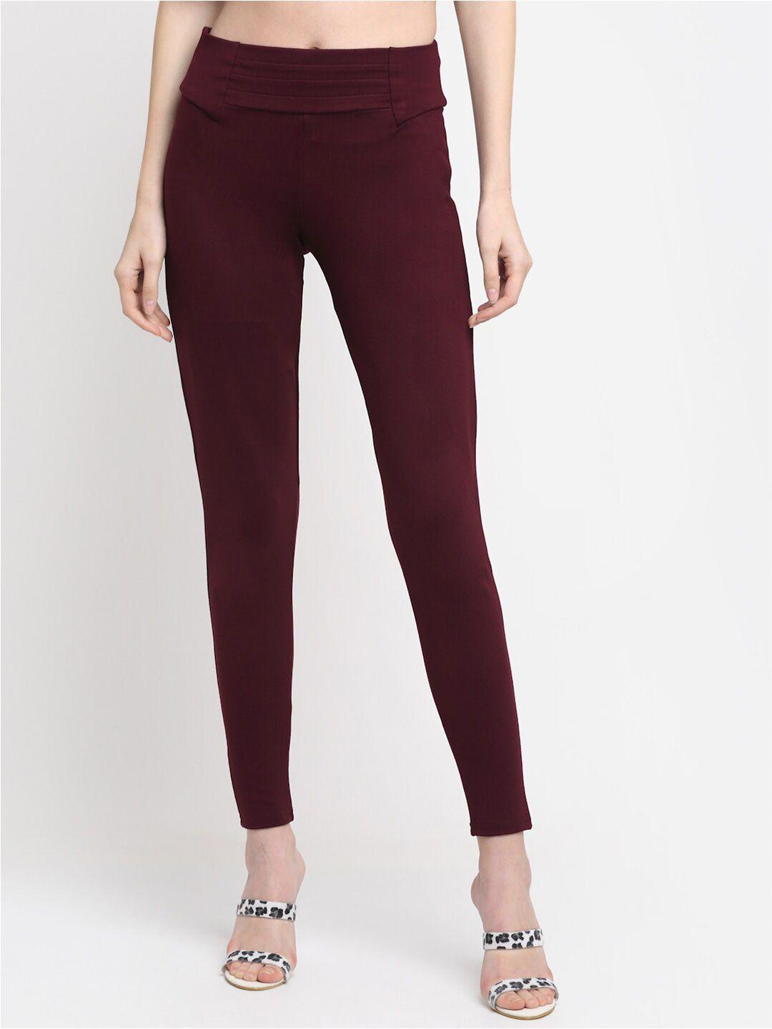 cantabil women burgundy solid cotton slim fit jeggings