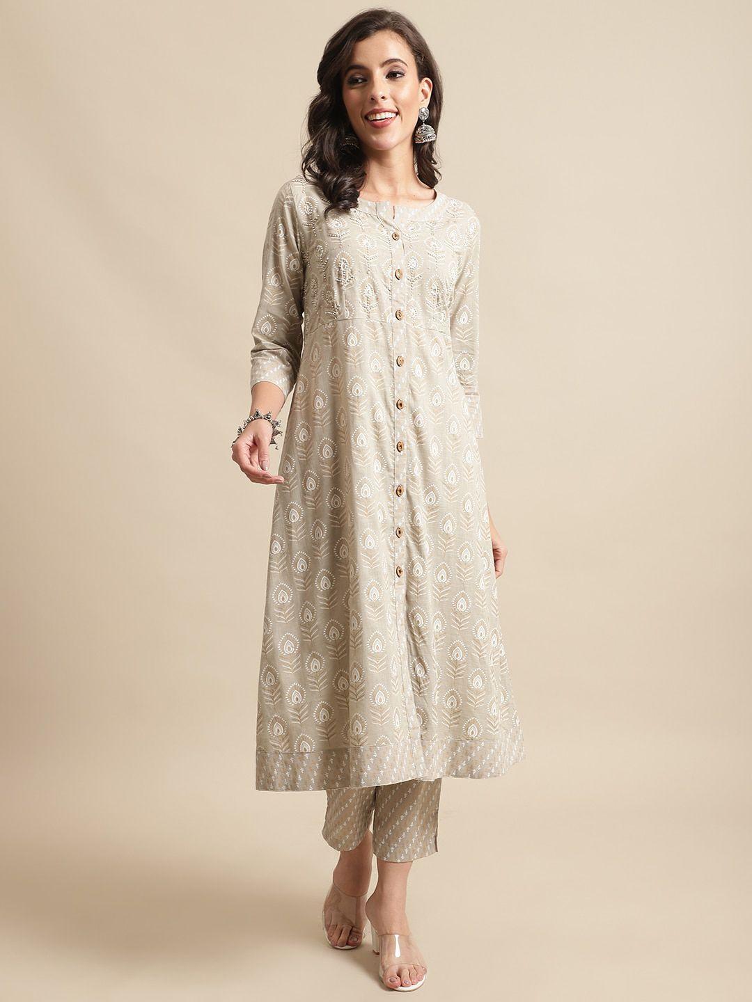 cantabil women ethnic motifs printed thread work kurta with trousers