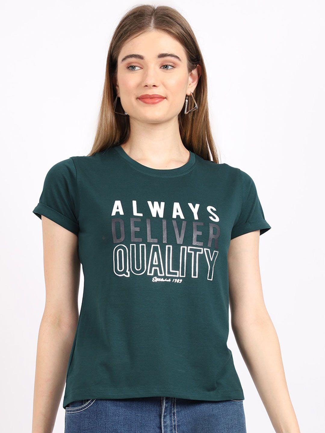 cantabil women green & white typography printed applique t-shirt