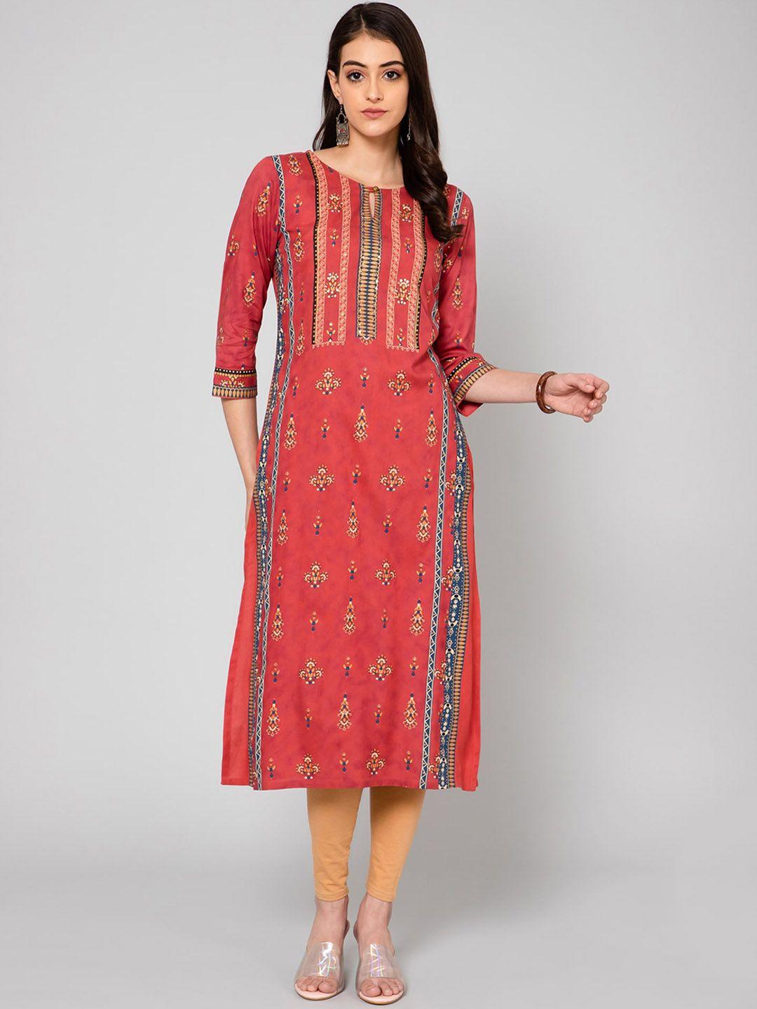 cantabil women maroon cotton geometric printed kurta