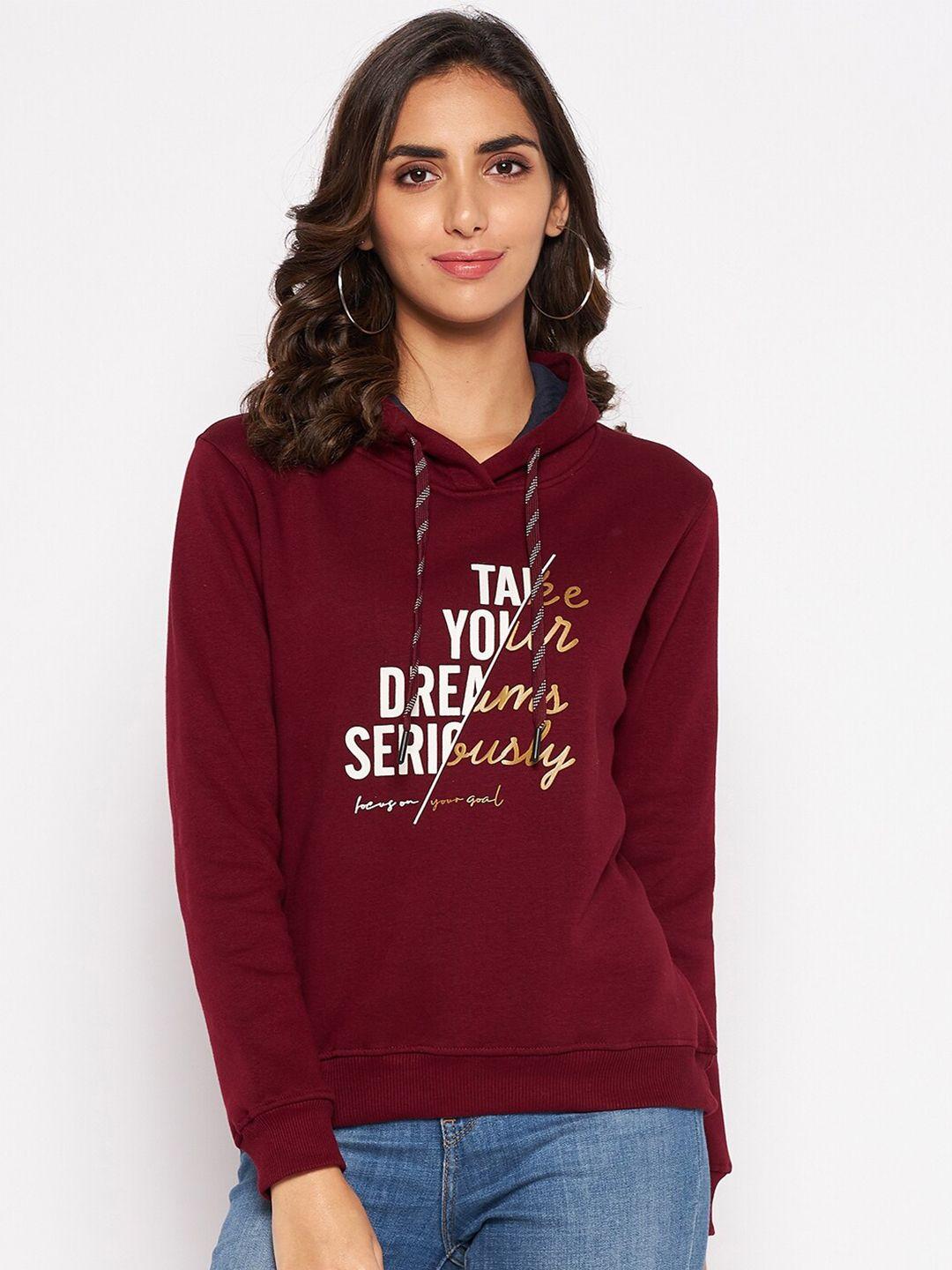 cantabil women maroon printed fleece hooded sweatshirt