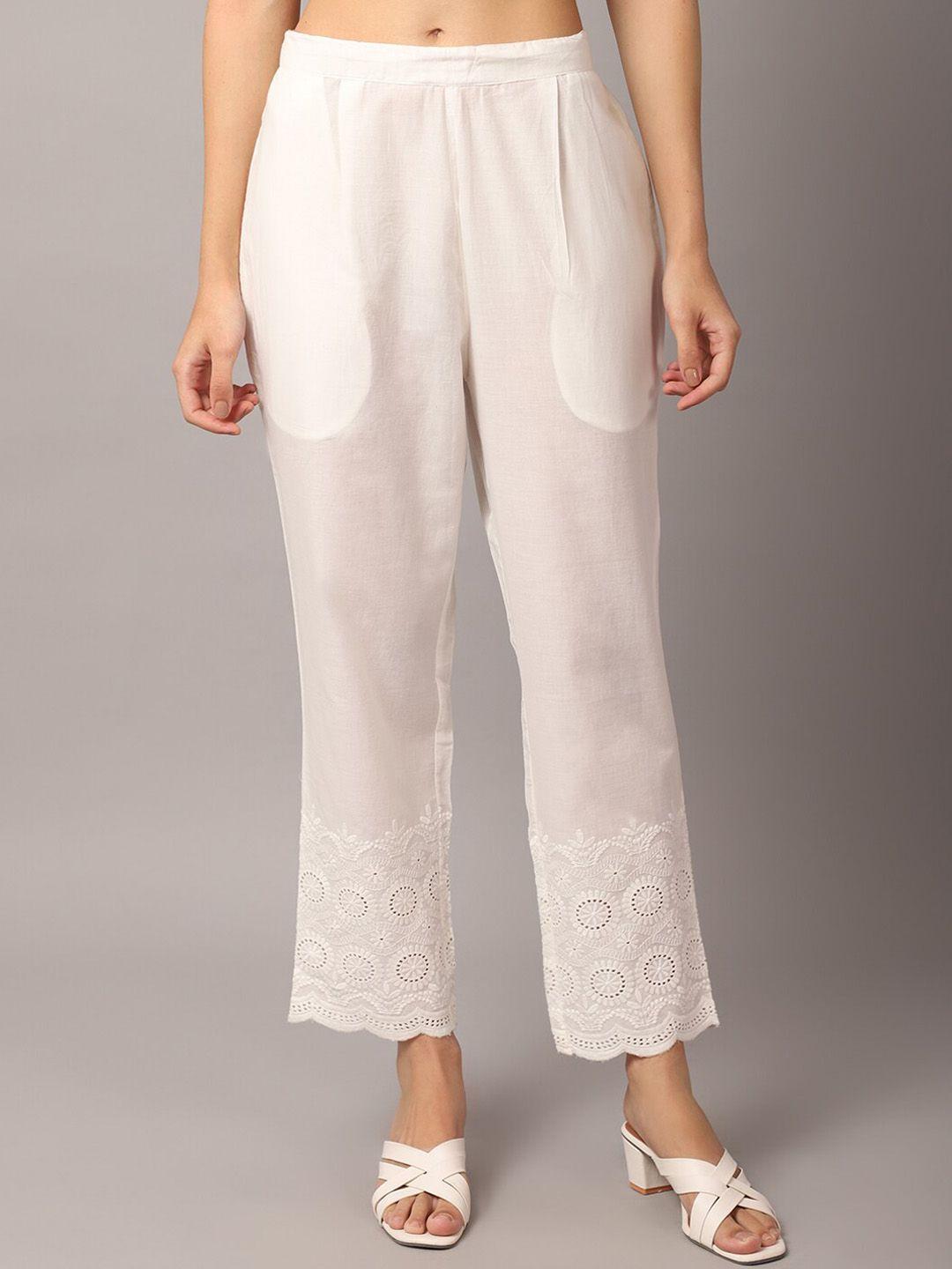 cantabil women off white regular fit solid trousers