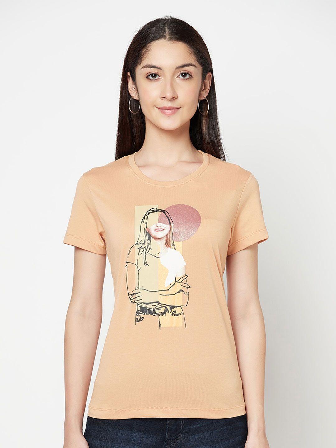 cantabil women peach-coloured printed t-shirt