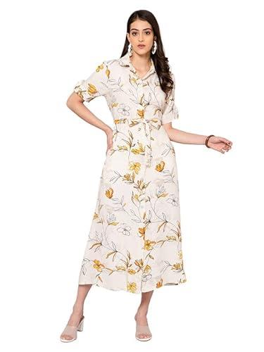 cantabil women printed spread collar shorts sleeve fit and flare casual dress i casual dress for women l printed women dress (ldrs00032_yellow_l)