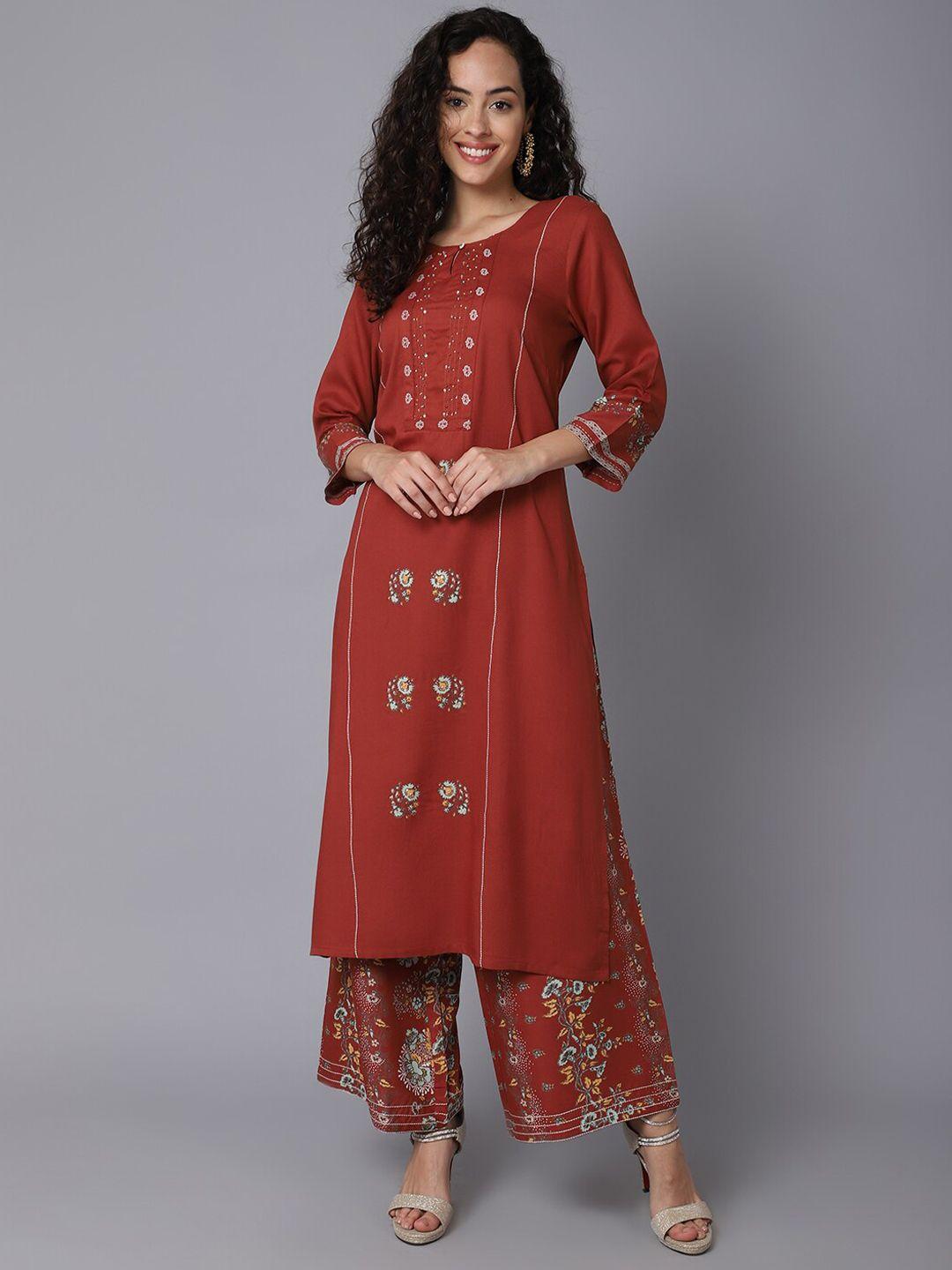 cantabil women rust ethnic motifs printed panelled kurti with palazzos
