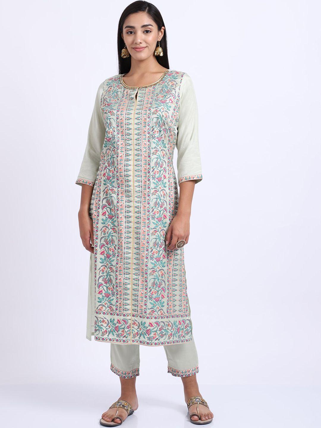 cantabil women sea green floral printed kurta with trousers