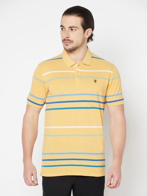 cantabil yellow cotton regular fit striped polo t-shirt