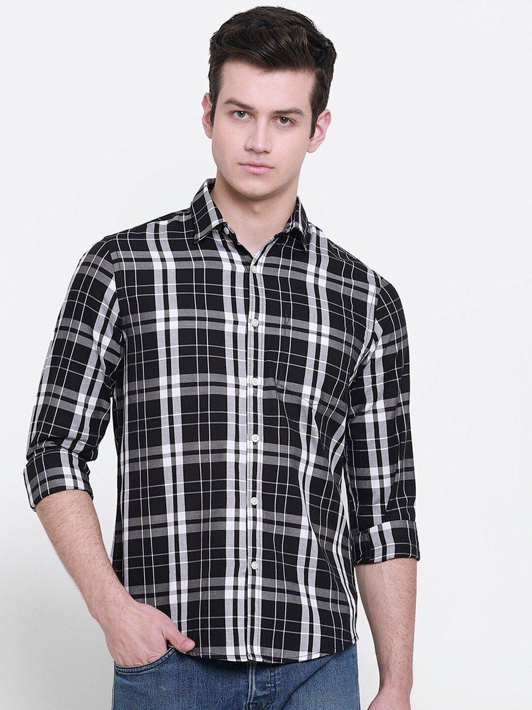 cape canary men black regular fit tartan checked cotton casual shirt