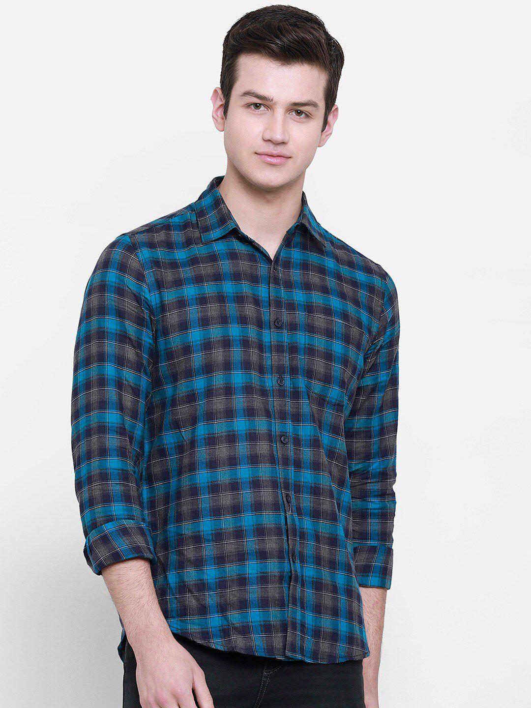 cape canary men blue regular fit tartan checked cotton casual shirt