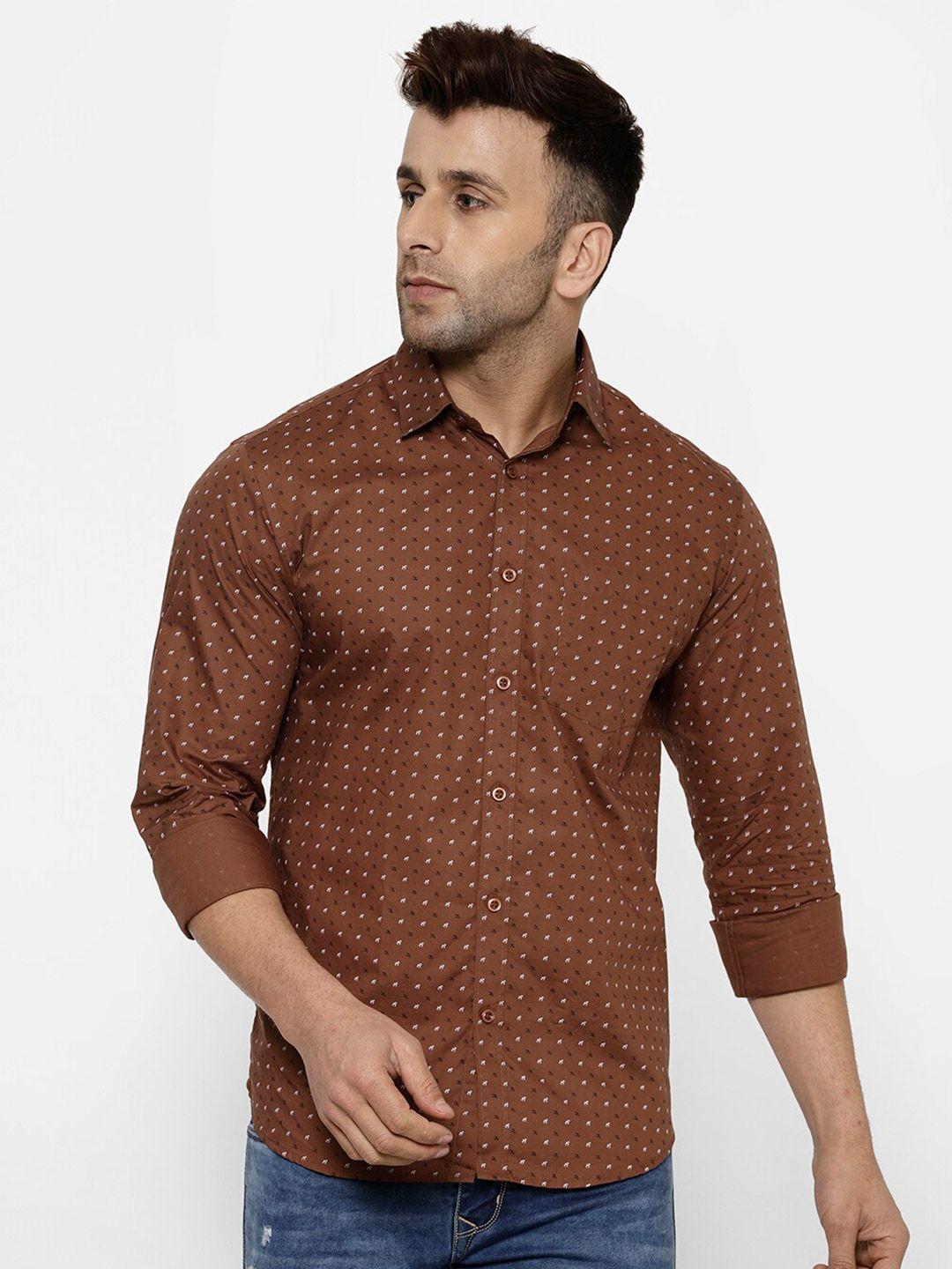 cape canary men brown printed regular fit cotton shirt