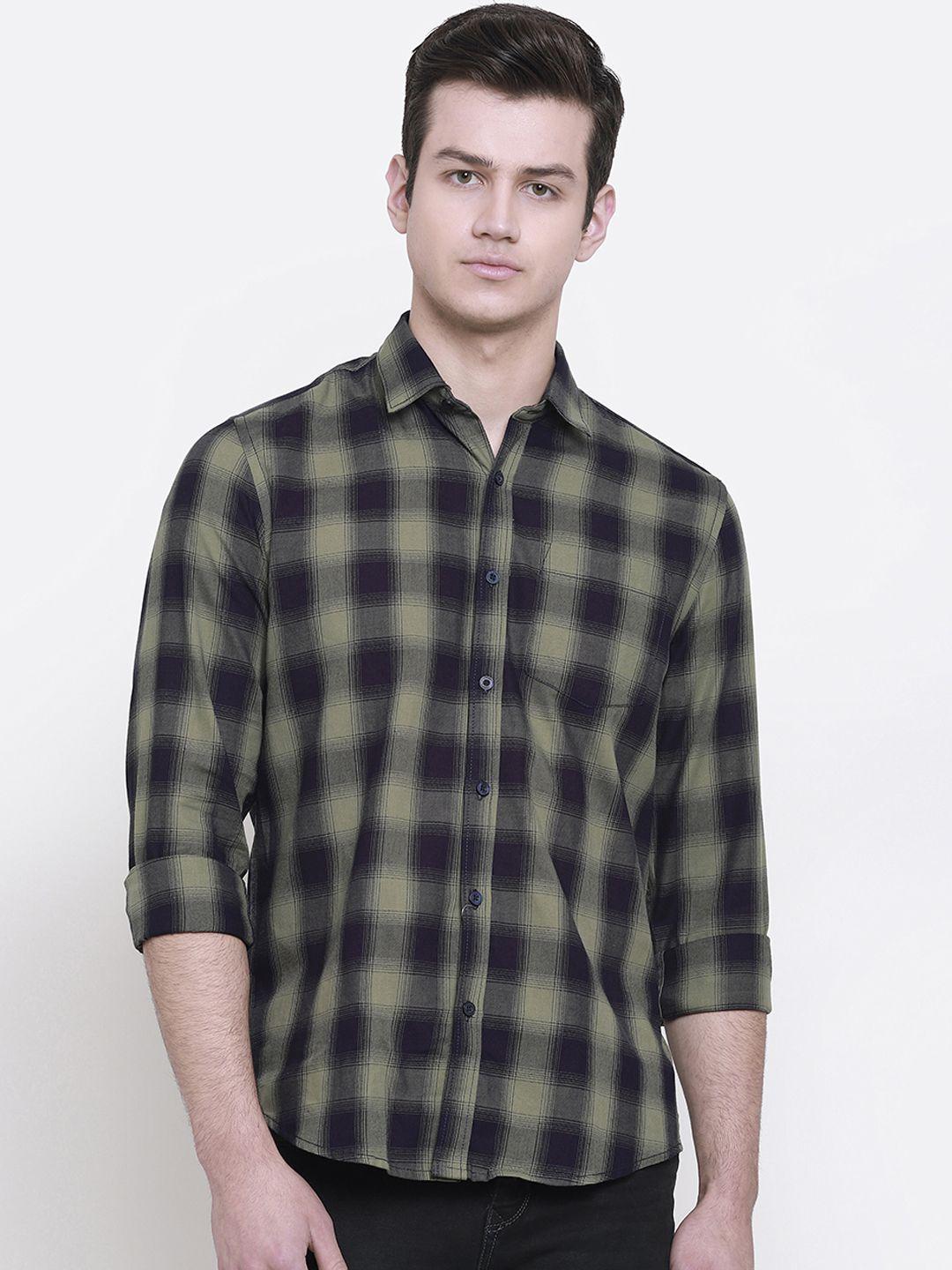 cape canary men green & black regular fit checked casual shirt