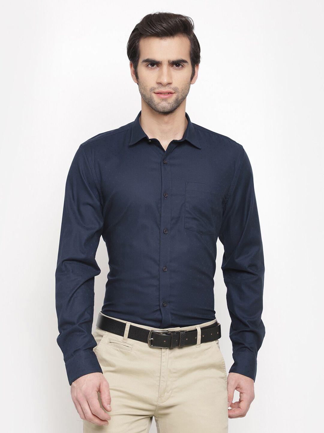 cape canary men navy blue solid cotton formal shirt