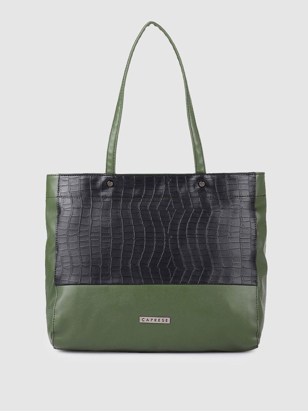 caprese olive green solid leather regular structured shoulder bag with animal textured