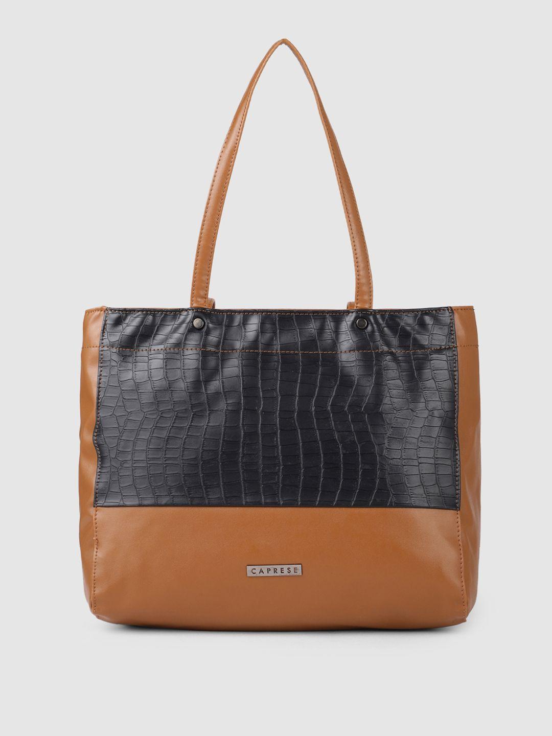 caprese brown solid leather regular structured shoulder bag with animal textured detail