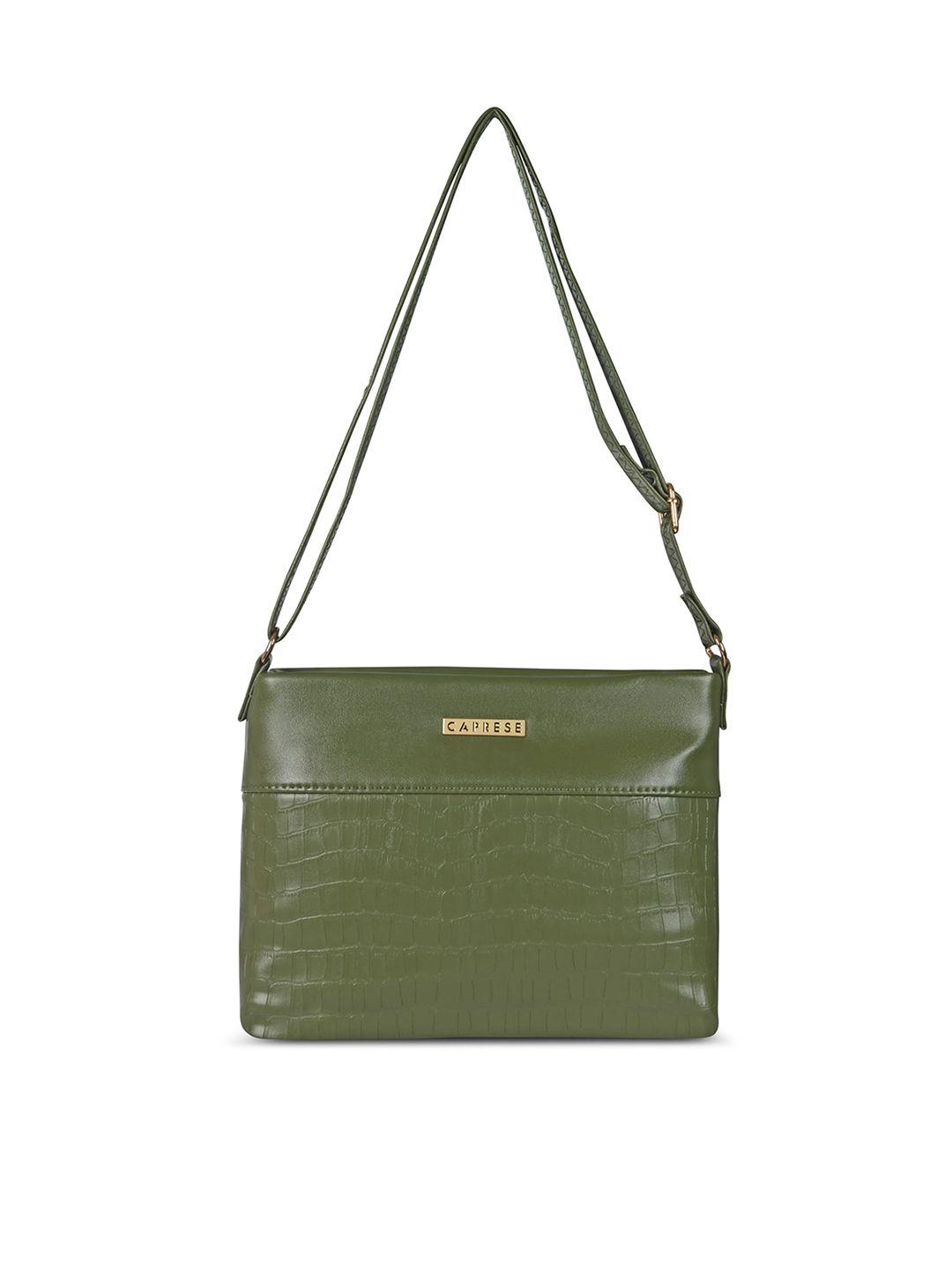 caprese olive green textured leather structured sling bag