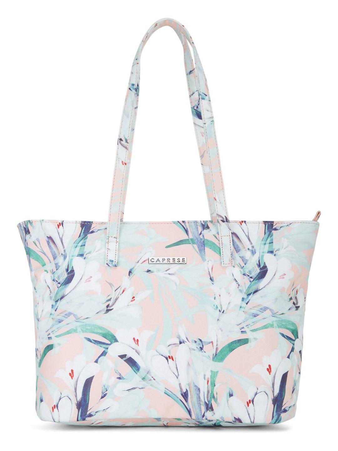 caprese peach floral printed pu shopper tote bag