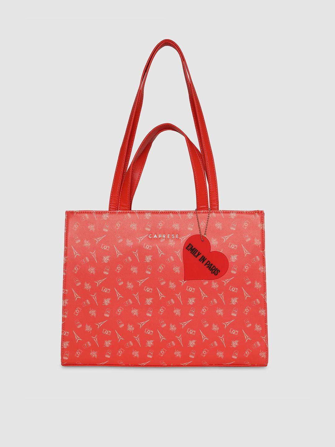 caprese printed pu oversized structured tote bag with heart charm