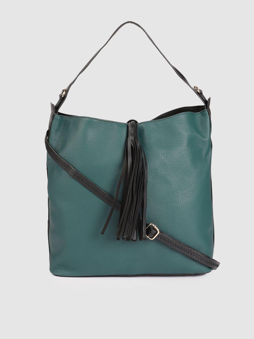 caprese teal blue solid structured hobo bag with tasselled detail