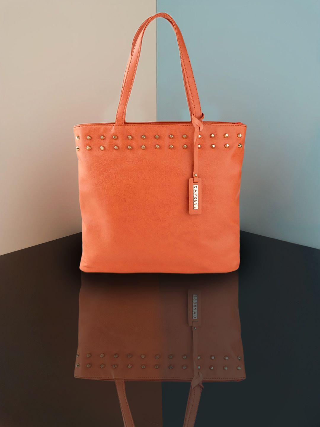 caprese women orange & gold-toned solid studded rfid shoulder bag