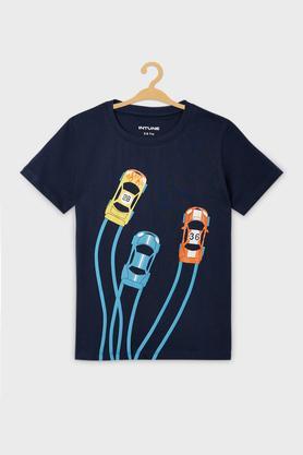 car graphic print cotton round neck boys t-shirt - navy