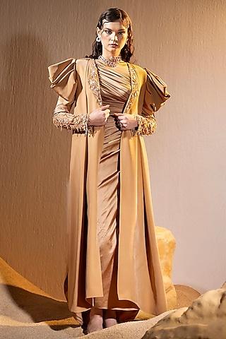 caramel brown crepe & satin hand embroidered dress with jacket