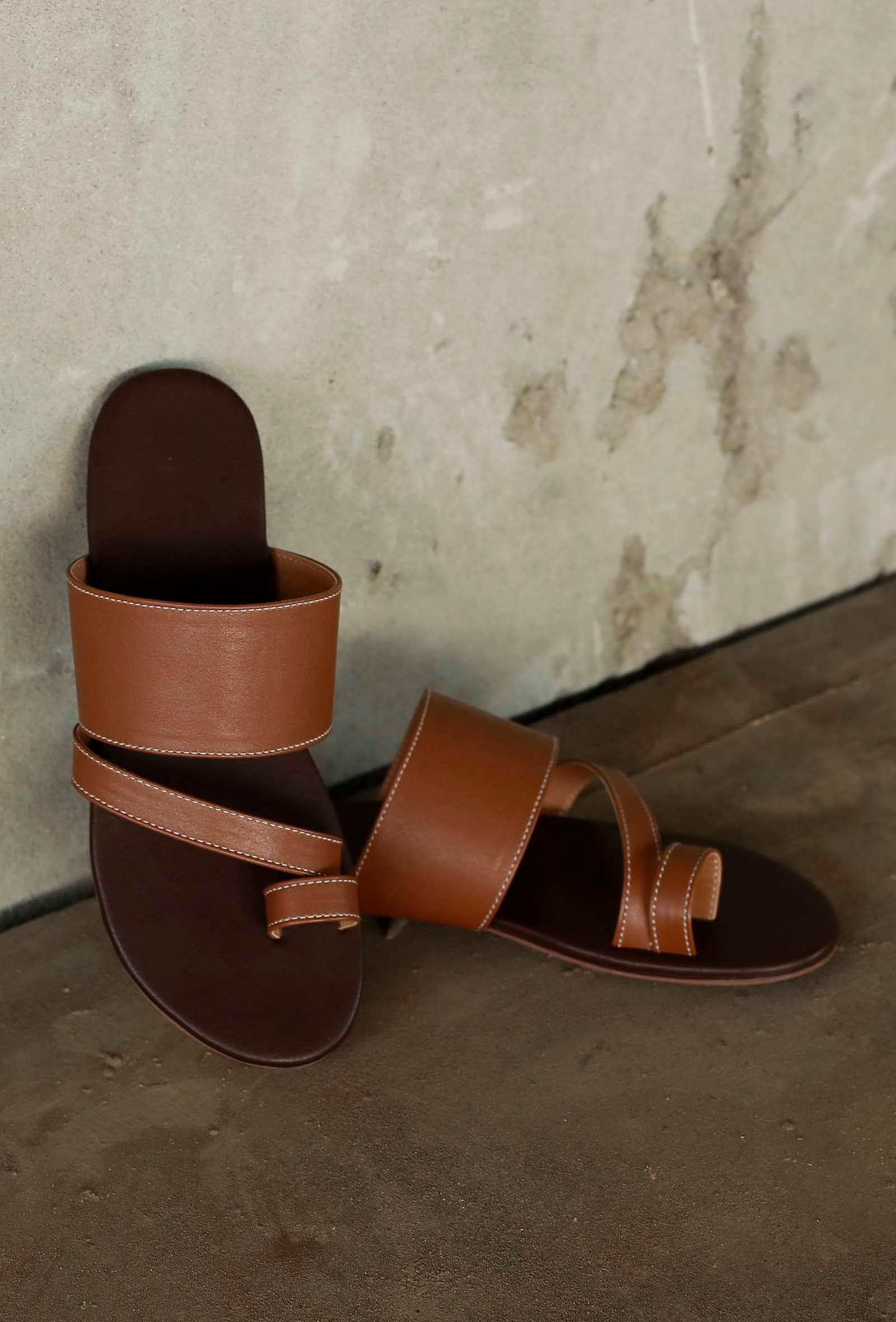 caramel brown cruelty free leather sliders