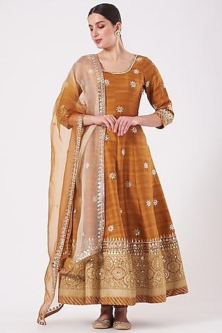 caramel embroidered anarkali set