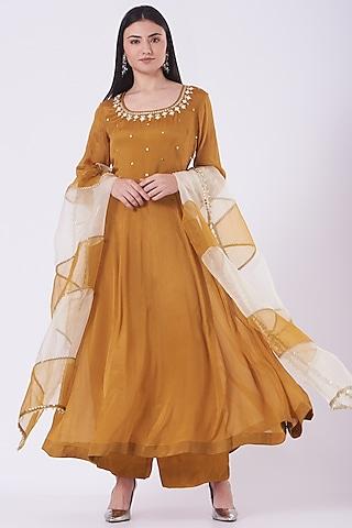 caramel embroidered flared anarkali set