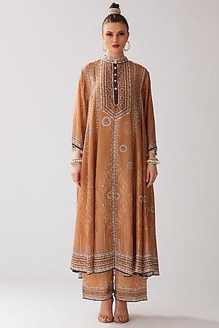 caramel silk printed anarkali set