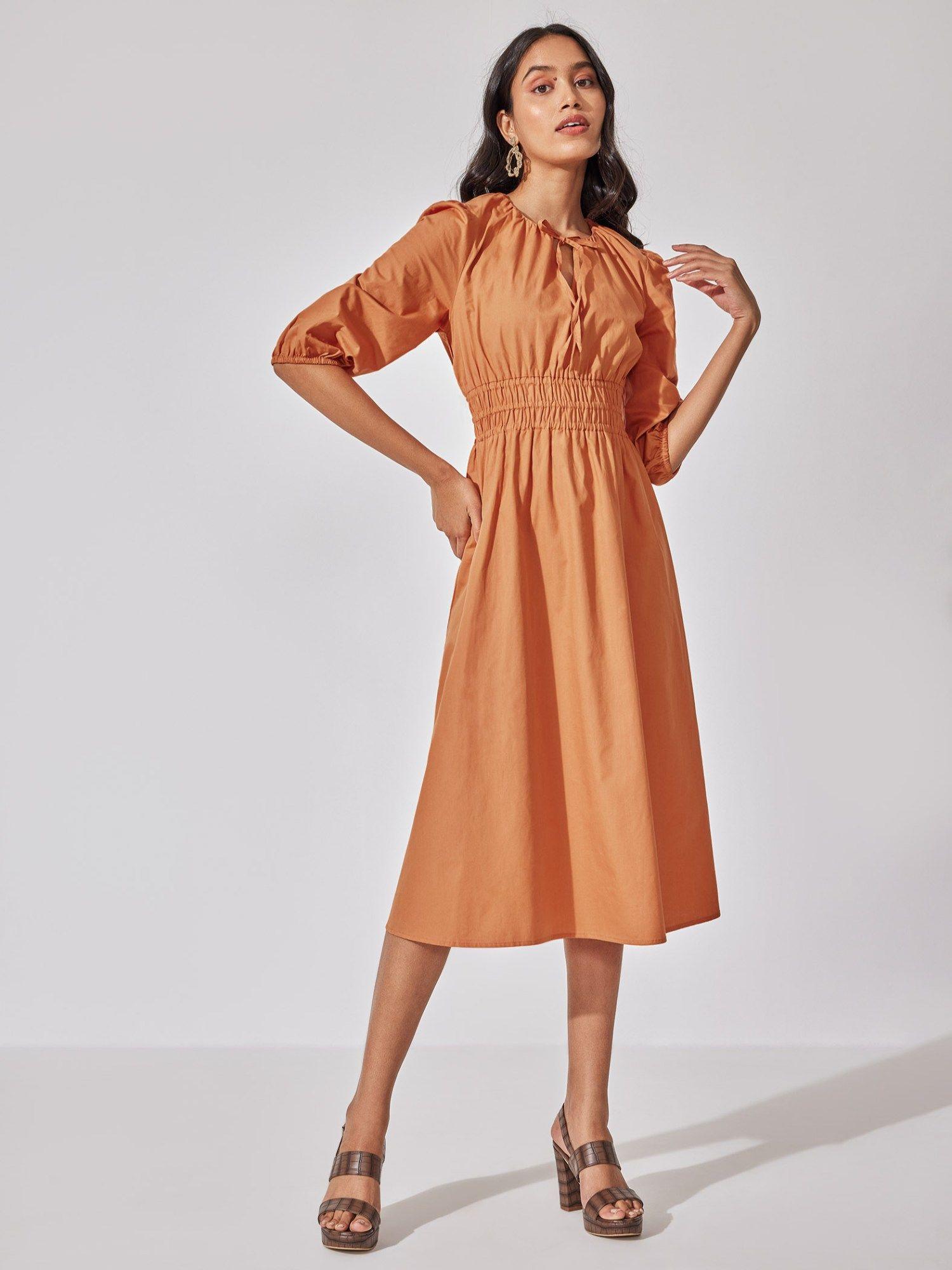 caramel smocked midi dress