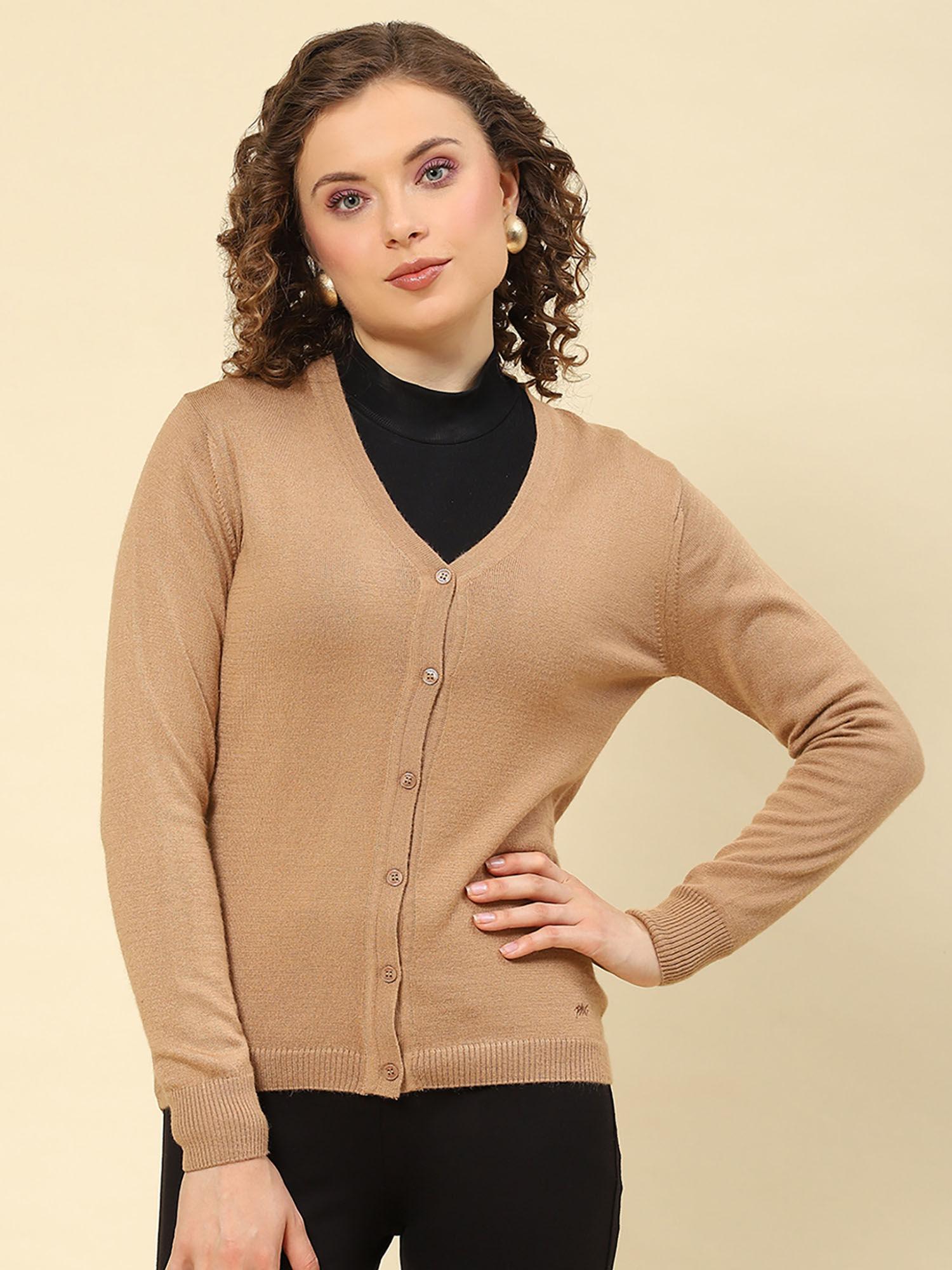 caramel solid v neck cardigan