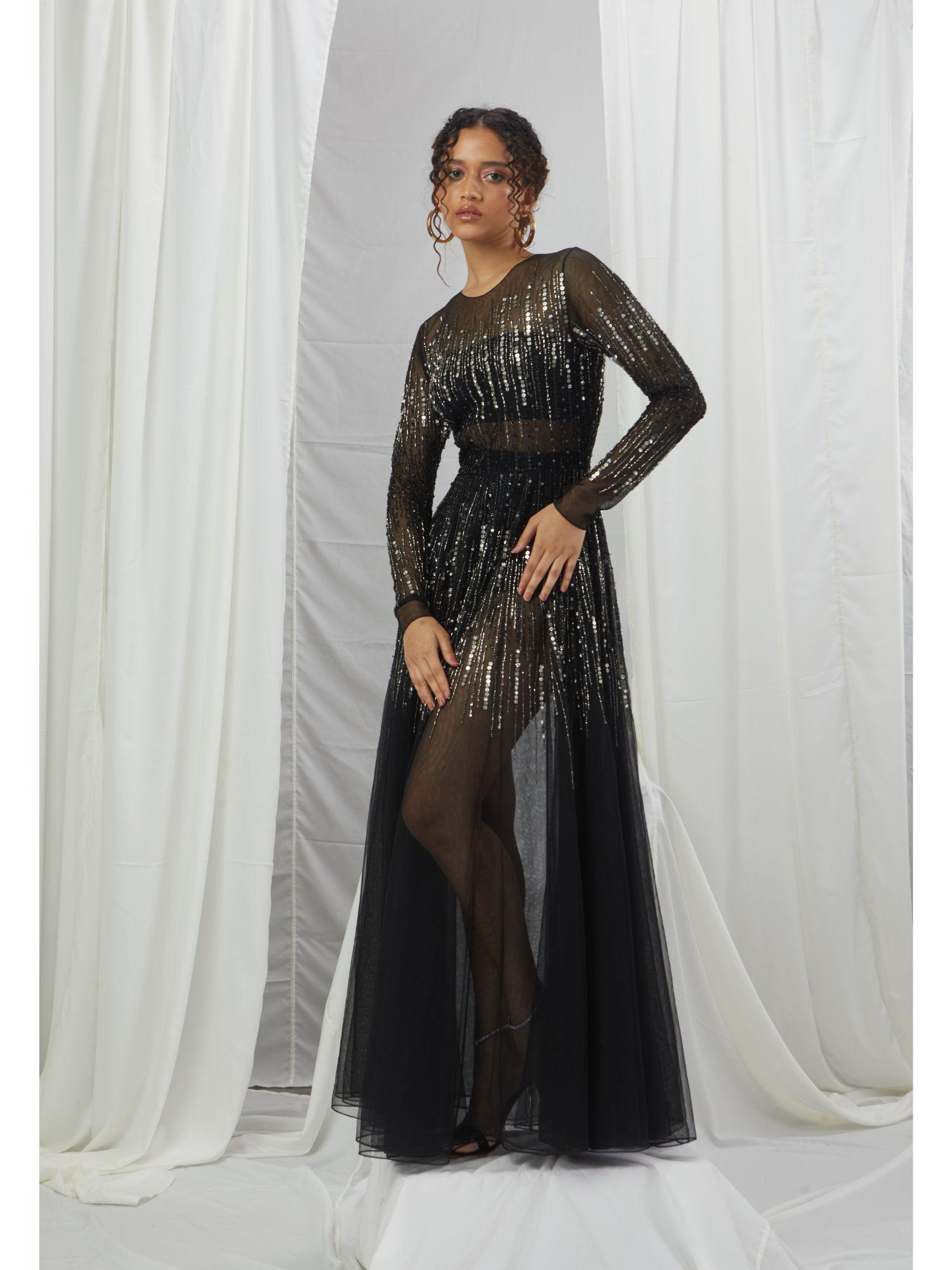 carbon sheer net gown with hand embellished & full sleeves black