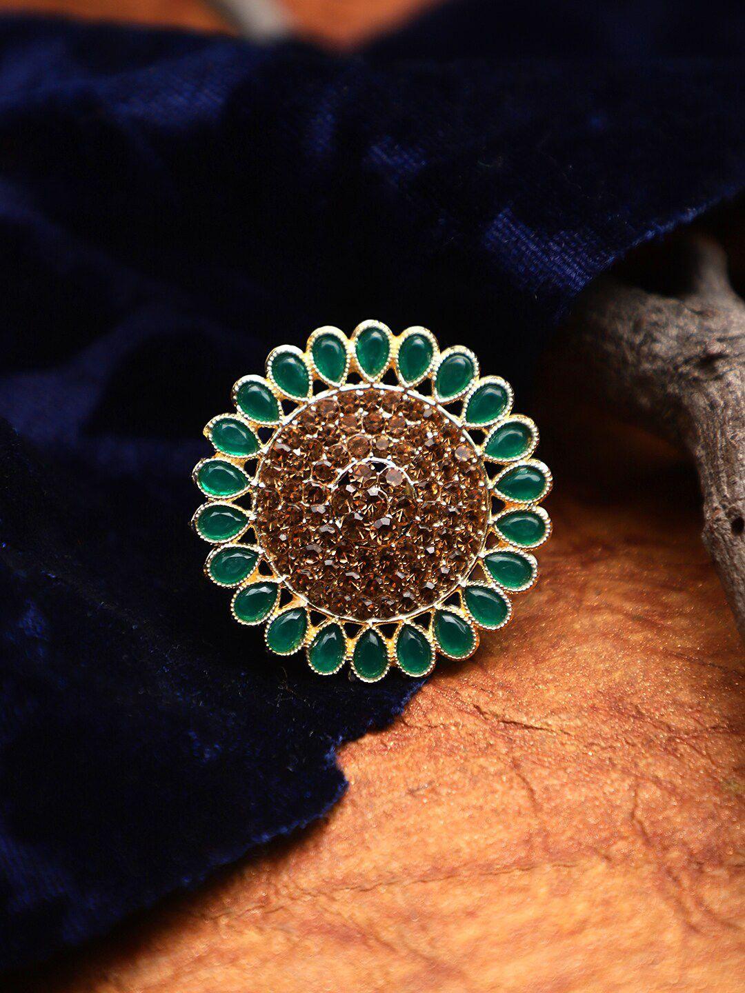 cardinal gold-toned &  green stone studded adjustable finger ring